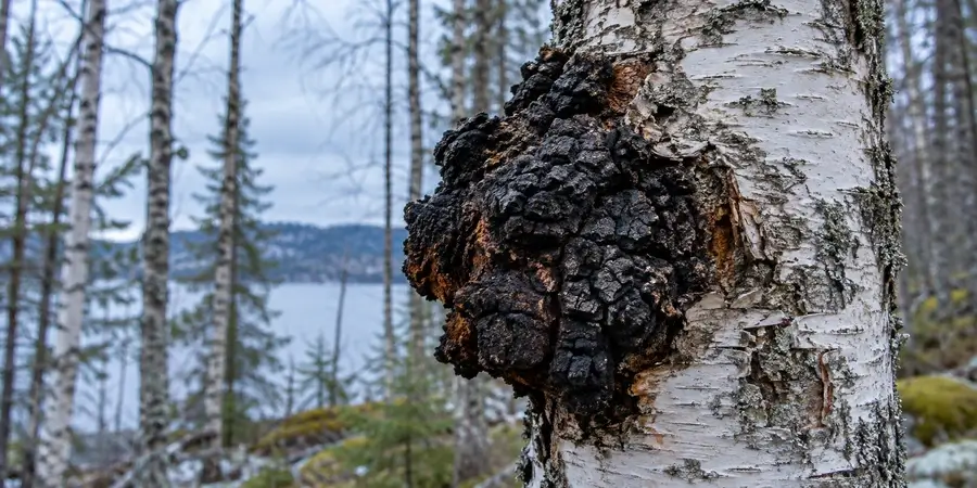 Chaga, czyli błyskoporek podkorowy, na pniu brzozy