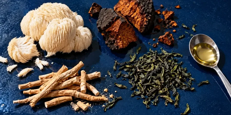 Grzyby, korzeń ashwagandhy, liście zielonej herbaty i olej MCT