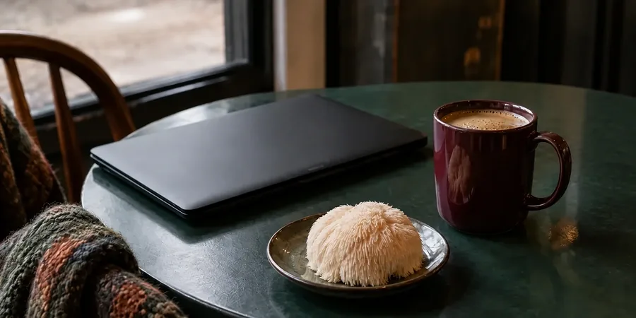 Zamknięty laptop i kubek kawy z grzybami na stole