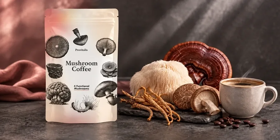 Kawa grzybowa Provitalis obok grzybów z jej składu