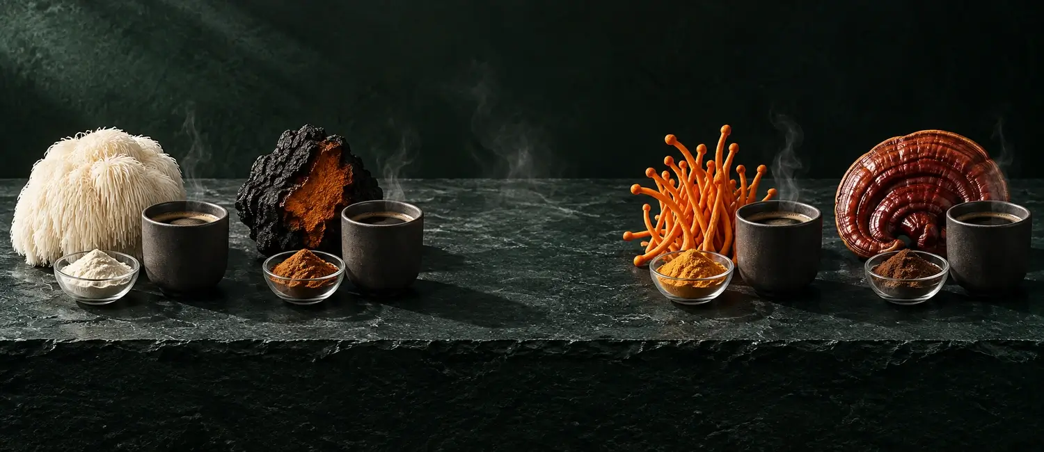 Porównanie grzybów funkcjonalnych używanych w kawie: soplówka, chaga, cordyceps i reishi